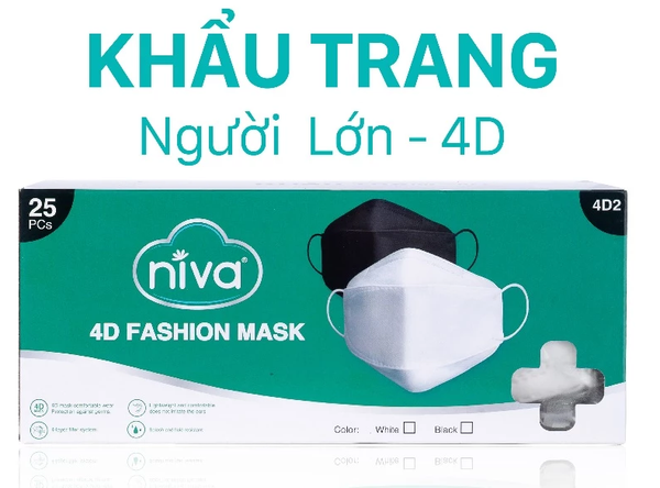  Khẩu Trang Niva 4D Mask KF94 Người Lớn 25 Chiếc Ngăn Bụi Mịn, Kháng Khuẩn, Không Kích Ứng Da 