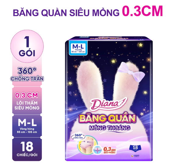  Băng vệ sinh nữ dạng quần Diana Comfy Night Mỏng Thoáng M-L 18 Miếng/Gói 