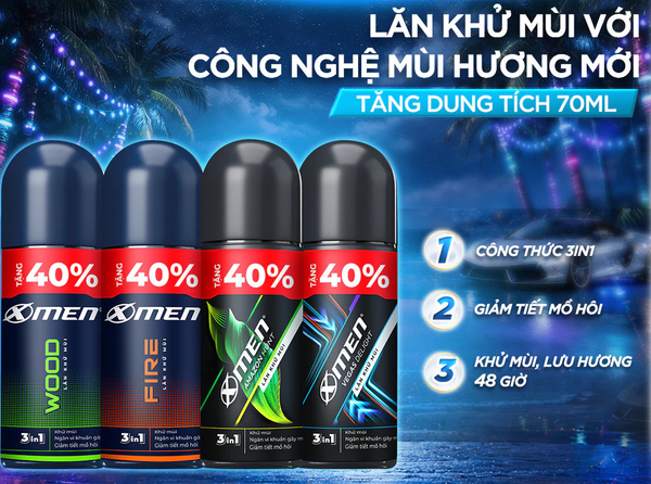  [TĂNG 40% DUNG TÍCH] Lăn khử mùi XMen 70ml/chai Amazon/Vegas/Wood/Fire - Hương Thơm Nam Tính, Khô Thoáng Dài Lâu 