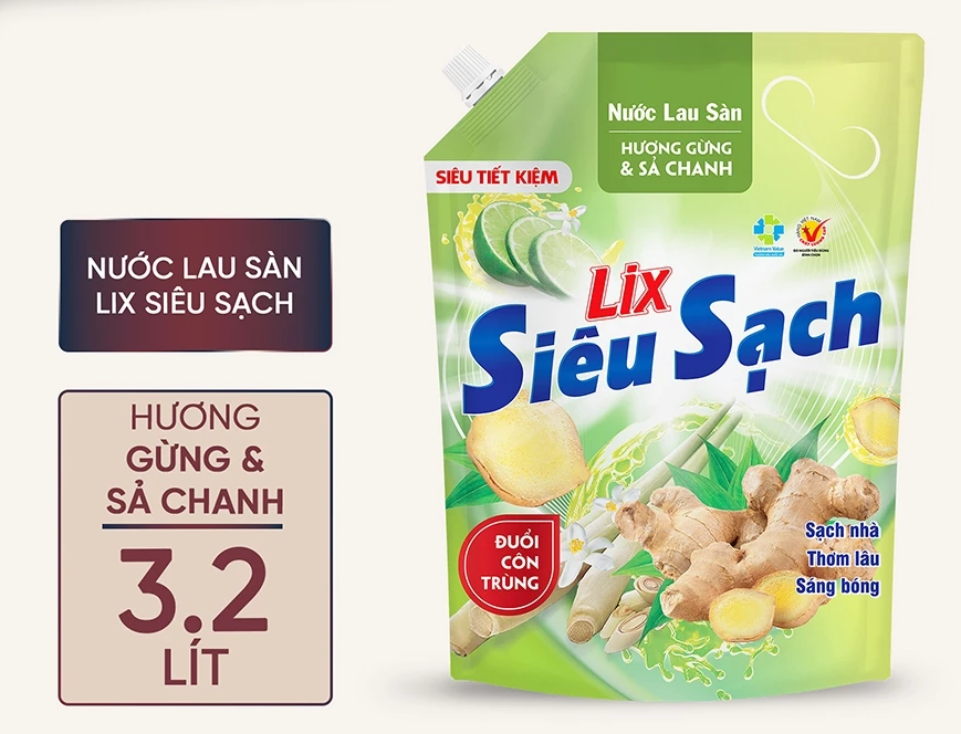  Nước lau sàn siêu sạch Lix túi 3.2L sạch nhà, thơm lâu đuổi côn trùng, phù hợp với mọi loại sàn 
