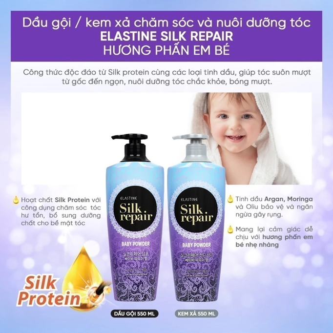  Dầu gội chăm sóc và nuôi dưỡng tóc Elastine Silk Repair - Hương Phấn Em Bé 