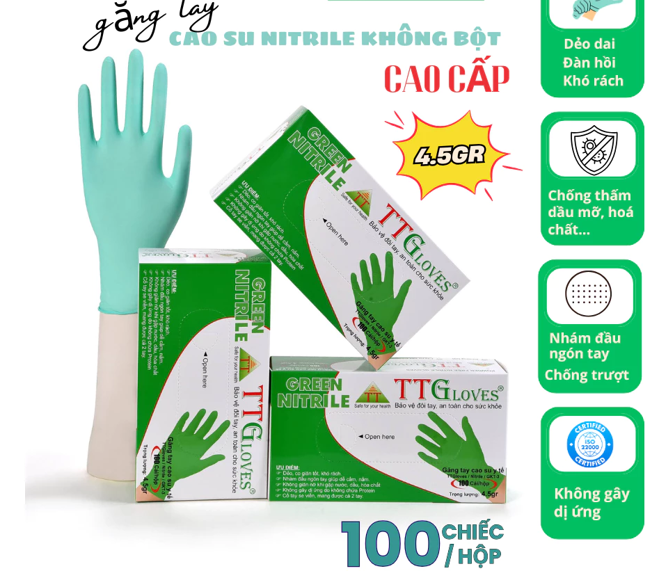  Găng Tay Cao Su Y Tế TTGLOVES Không Bột Nitrile Màu Xanh Lá Siêu Bền Đẹp 4.5gr (Hộp 100 Chiếc) 