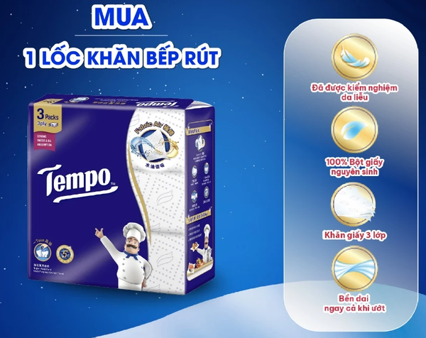  [LỐC 3 GÓI] Khăn Giấy Bếp Đa Năng Siêu Thấm Tempo (3 Gói Rút/Lốc) Bền Dai, Thương Hiệu Đức 