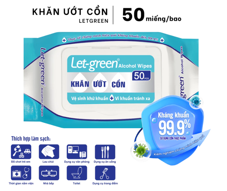  Khăn Ướt Cồn LET-GREEN 50 Miếng/Bao 