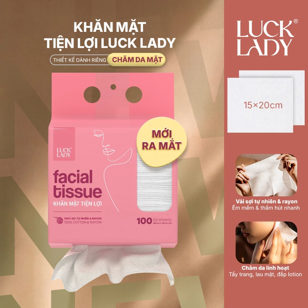  Khăn mặt khô dùng 1 lần Luck Lady 100 tờ/túi, kích thước 15x20cm, phù hợp cho da nhạy cảm, dạng túi rút đáy 