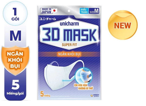  Khẩu trang ngăn khói bụi Unicharm 3D Mask Super Fit size M gói 5 cái 