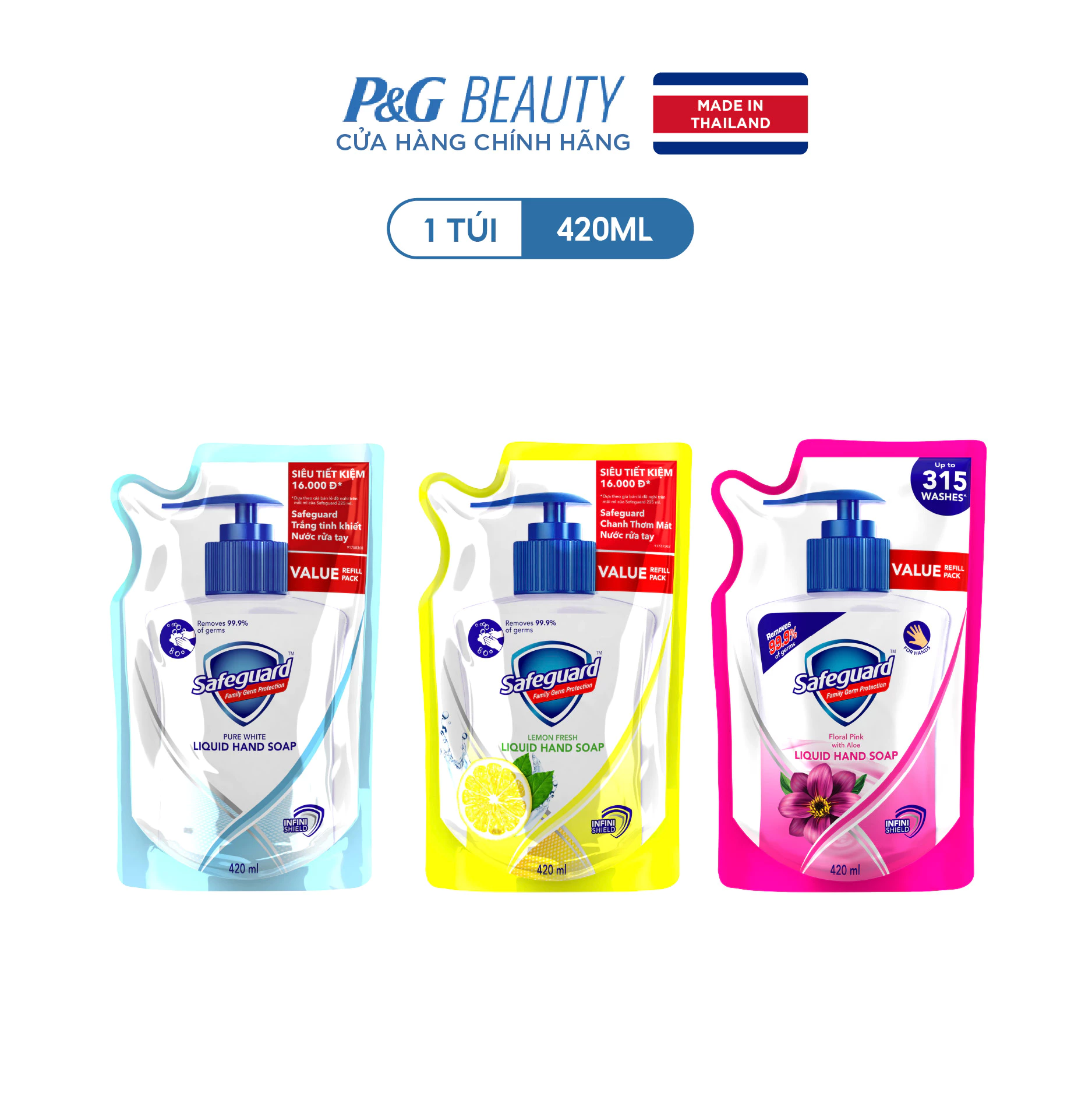  Nước Rửa Tay SAFEGUARD Sạch 99,9% Vi Khuẩn & Dịu Nhẹ Cho Da - Túi 420ML -Thái Lan 