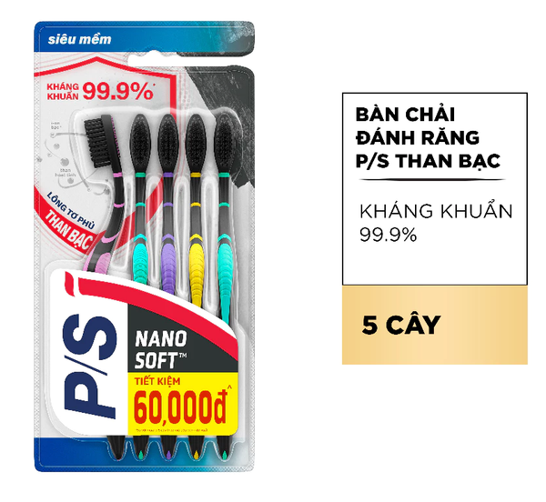  Bộ 5 bàn chải P/S than bạc kháng khuẩn 99.9% 
