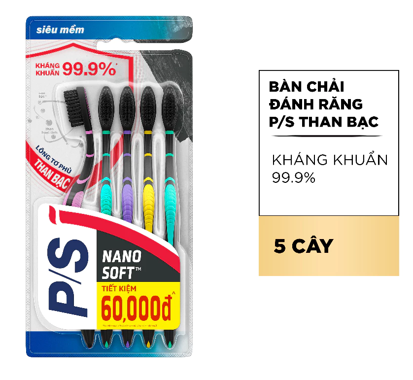  Bộ 5 bàn chải P/S than bạc kháng khuẩn 99.9% 
