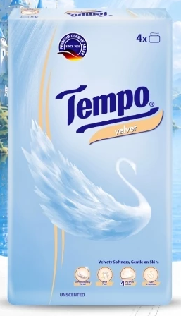  Khăn Giấy Rút Cao cấp Tempo Velvet Không Mùi 4 Lớp Bền Dai, An Toàn Thương Hiệu Đức (LỐC 4 GÓI) 