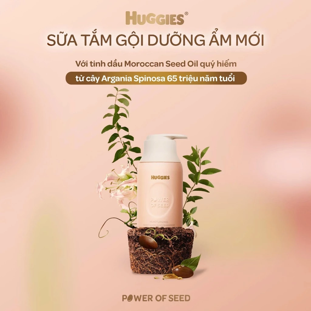  Sữa tắm gội dưỡng ẩm cho bé Huggies Power of Seed 260g MỚI tinh chất Moroccan Seed oil quý hiếm 