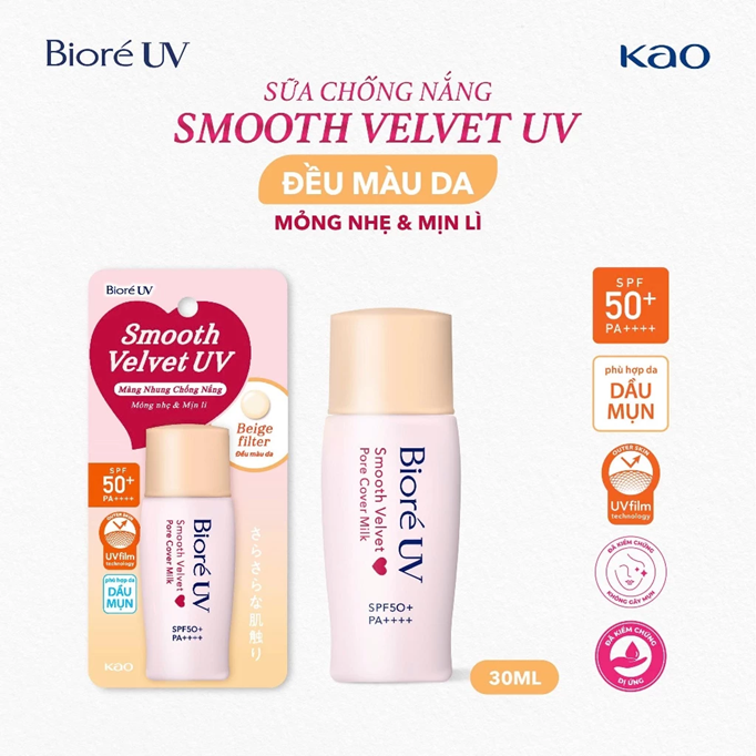  Sữa chống nắng trang điểm Biore UV màng nhung che phủ lỗ chân lông SPF50+ PA++++ 30ml 