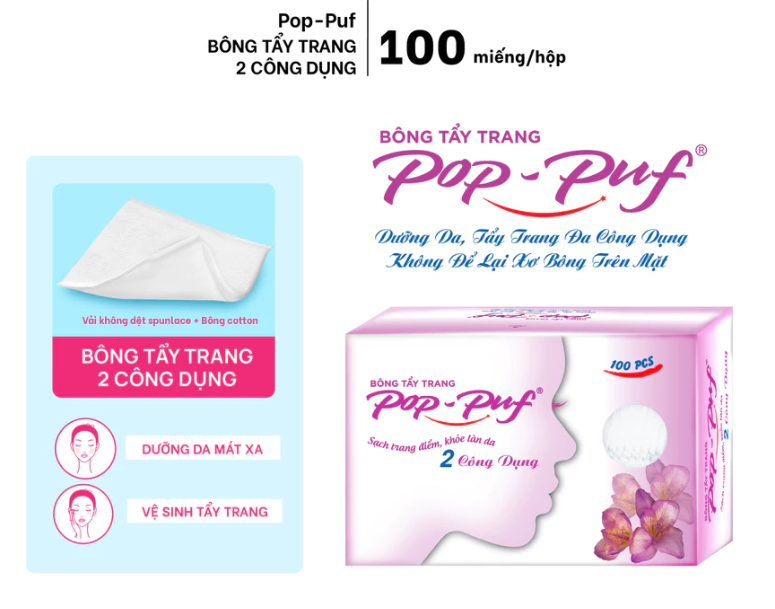  Bông Tẩy Trang 2 Công Dụng POP-PUF 100 Miếng/Hộp Bông Cotton Mềm Mại Dịu Nhẹ Cho Da 