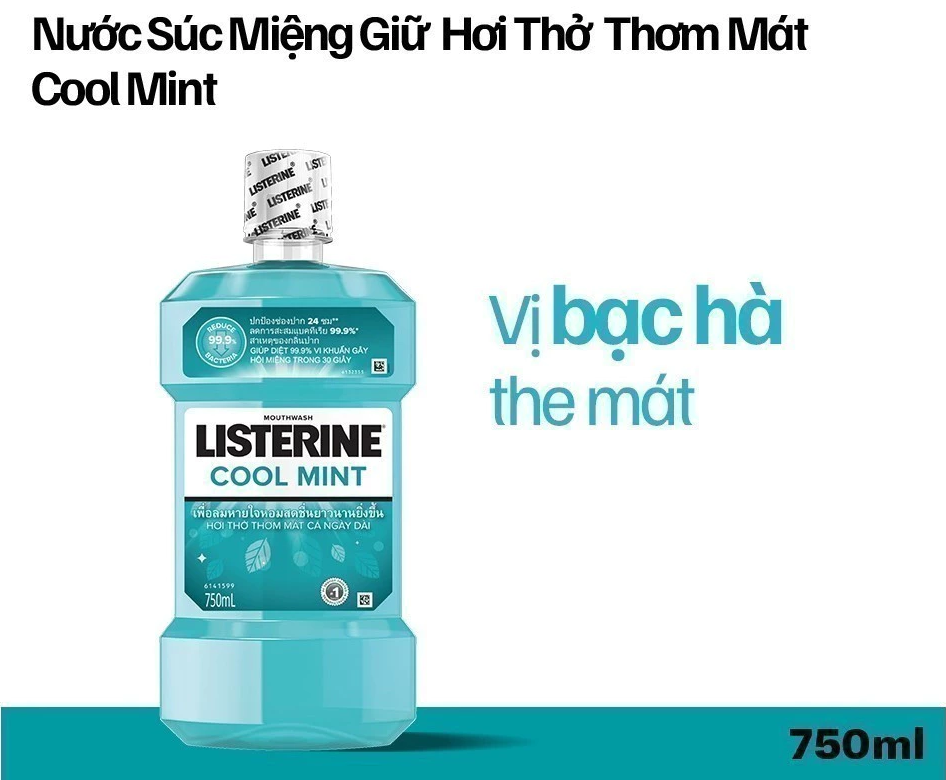  Nước Súc Miệng Giữ Hơi Thở Thơm Mát Listerine Cool mint 750ml 