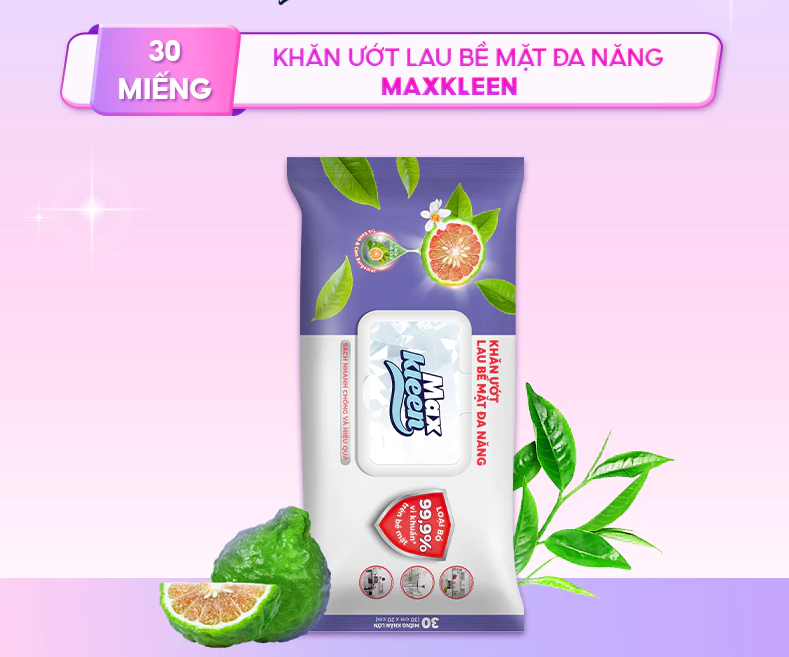  Khăn Ướt Lau Bề Mặt Đa Năng MaxKleen 30x20cm (30 miếng) 