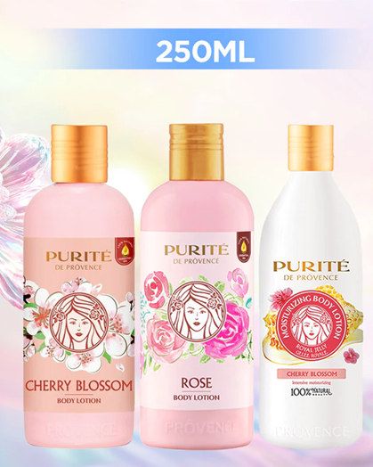  Sữa Dưỡng Thể Thiên Nhiên PURITÉ Hương Hoa Anh Đào / Hoa Hồng / Sữa Ong Chúa 250ML 