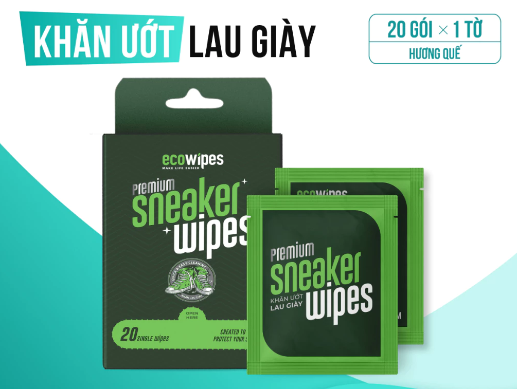  Hộp 20 gói Khăn ướt lau giày thể thao cấp tốc Sneaker EcoWipes gói 1 tờ hương quế khử mùi 