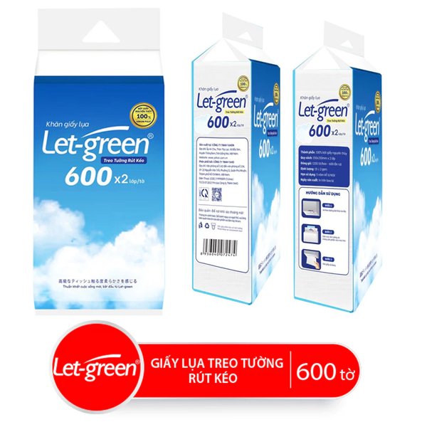 Khăn Giấy Lụa Treo Tường Rút Kéo LET-GREEN, 600 Tờ/ Bao, 2 Lớp/ Tờ 