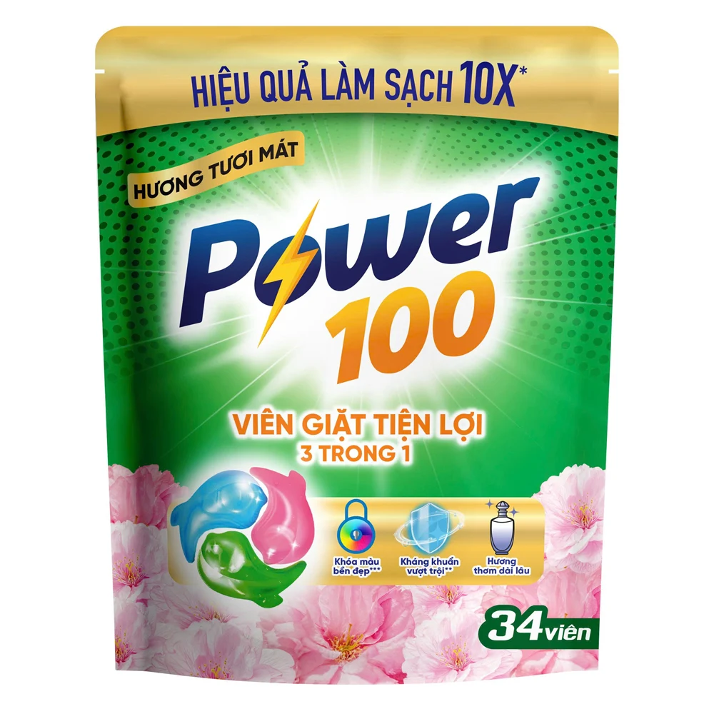  Viên giặt Power 100 3 trong 1 hương tươi mát 510g (15g x 34 viên) 