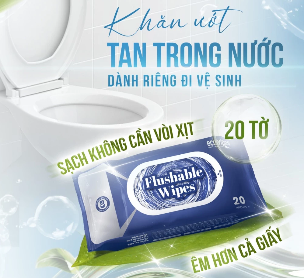  Khăn ướt đi toilet có thể xả trong bồn cầu Flushable EcoWipes gói 20 tờ hương tự nhiên 