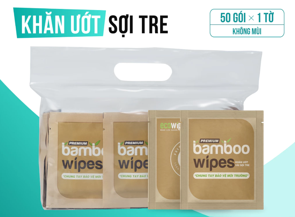  Túi 50 gói khăn ướt vải sợi tre kháng khuẩn EcoBamboo gói 1 tờ không mùi 