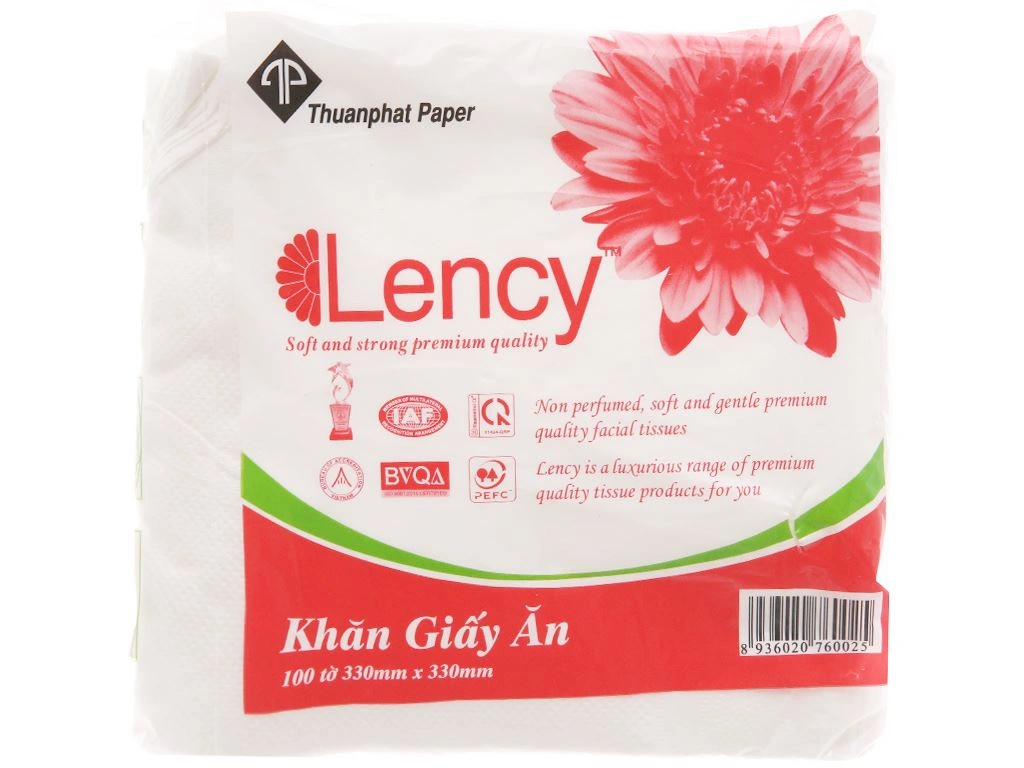  Khăn giấy ăn Lency 1 lớp 100 tờ 33x33cm 