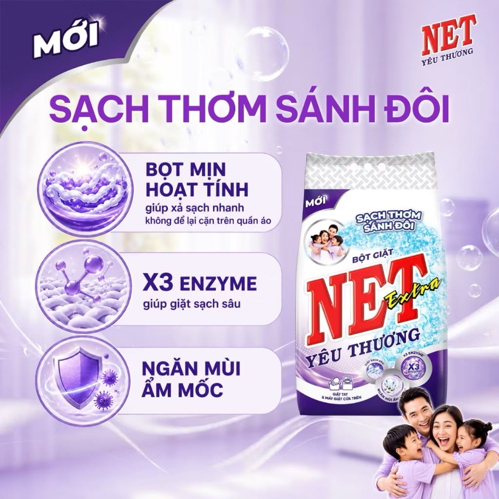  Combo Bột giặt NET yêu thương Extra bịch 5.5kg + Nước rửa chén NET yêu thương đậm đặc hương Chanh tươi mát chai 750g 