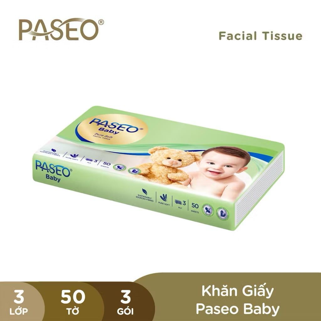  Khăn Giấy Rút Cho Bé PASEO Baby Mềm Mịn An Toàn Cho Da Nhạy Cảm (3 Lớp) 