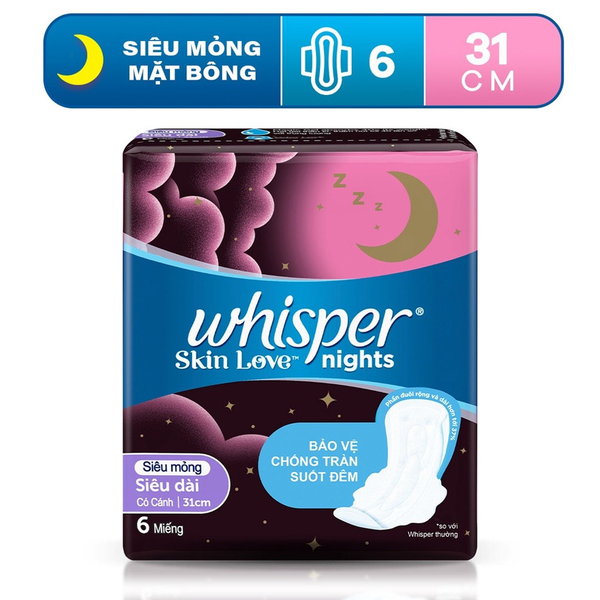  Băng Vệ Sinh WHISPER Skin Love 31CM Dành Cho Ban Đêm Gói 6-8 Miếng 