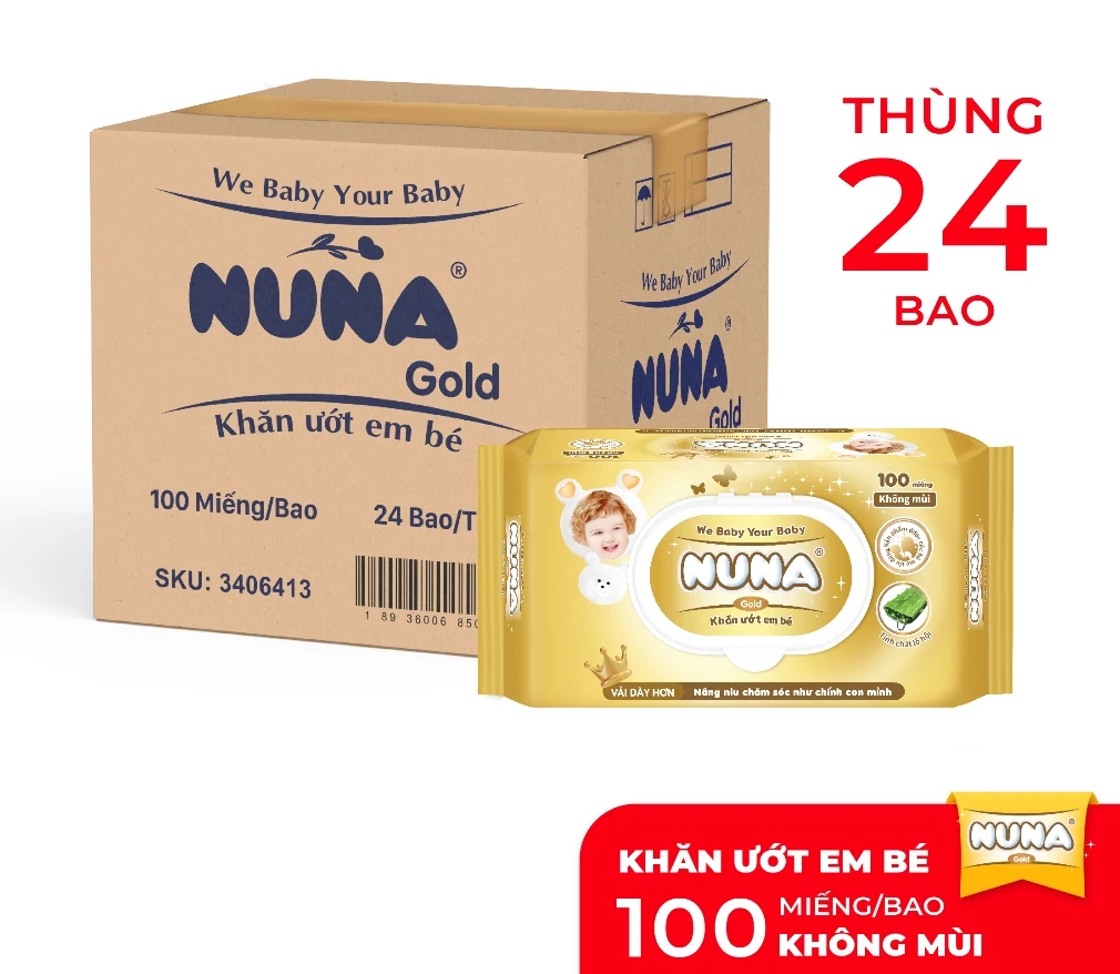  Khăn ướt em bé Nuna 100 miếng Không mùi/ Hương phấn/ Siêu dày 