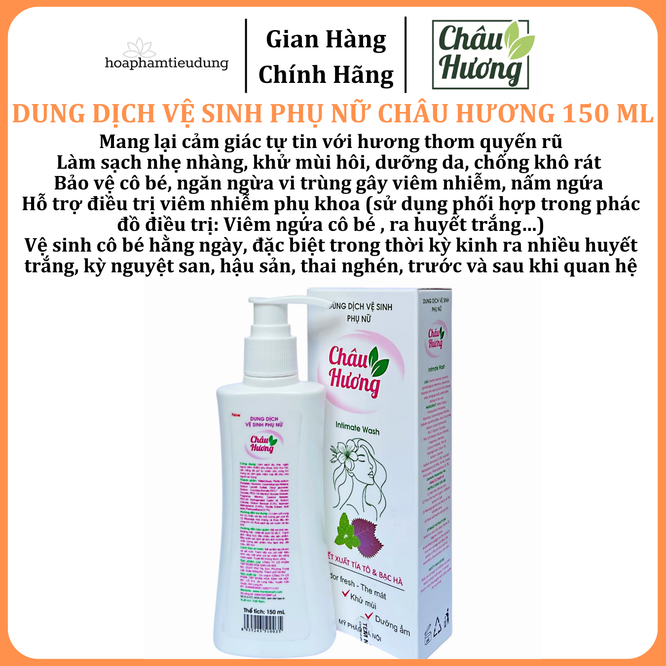  Dung Dịch Vệ Sinh Phụ Nữ Châu Hương 150 ml Chiết Xuất Tía Tô & Bạc Hà / Trầu Không & Bạc Hà 