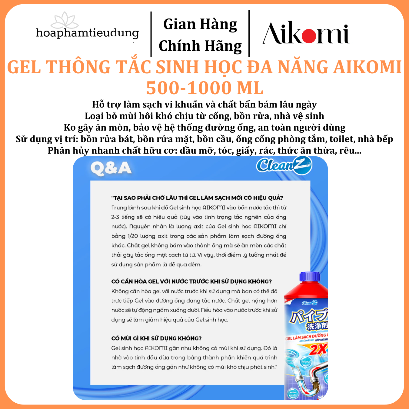  Gel sinh học CleanZ phòng tắc nghẽn, làm sạch đường ống rửa bát, rửa mặt, khử mùi hôi hiệu quả 