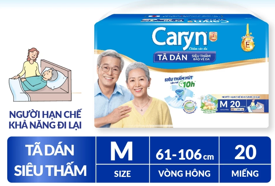  Tã/Bỉm dán người lớn siêu thấm Caryn dành cho người hạn chế khả năng đi lại Size M (10/20/40pcs) 