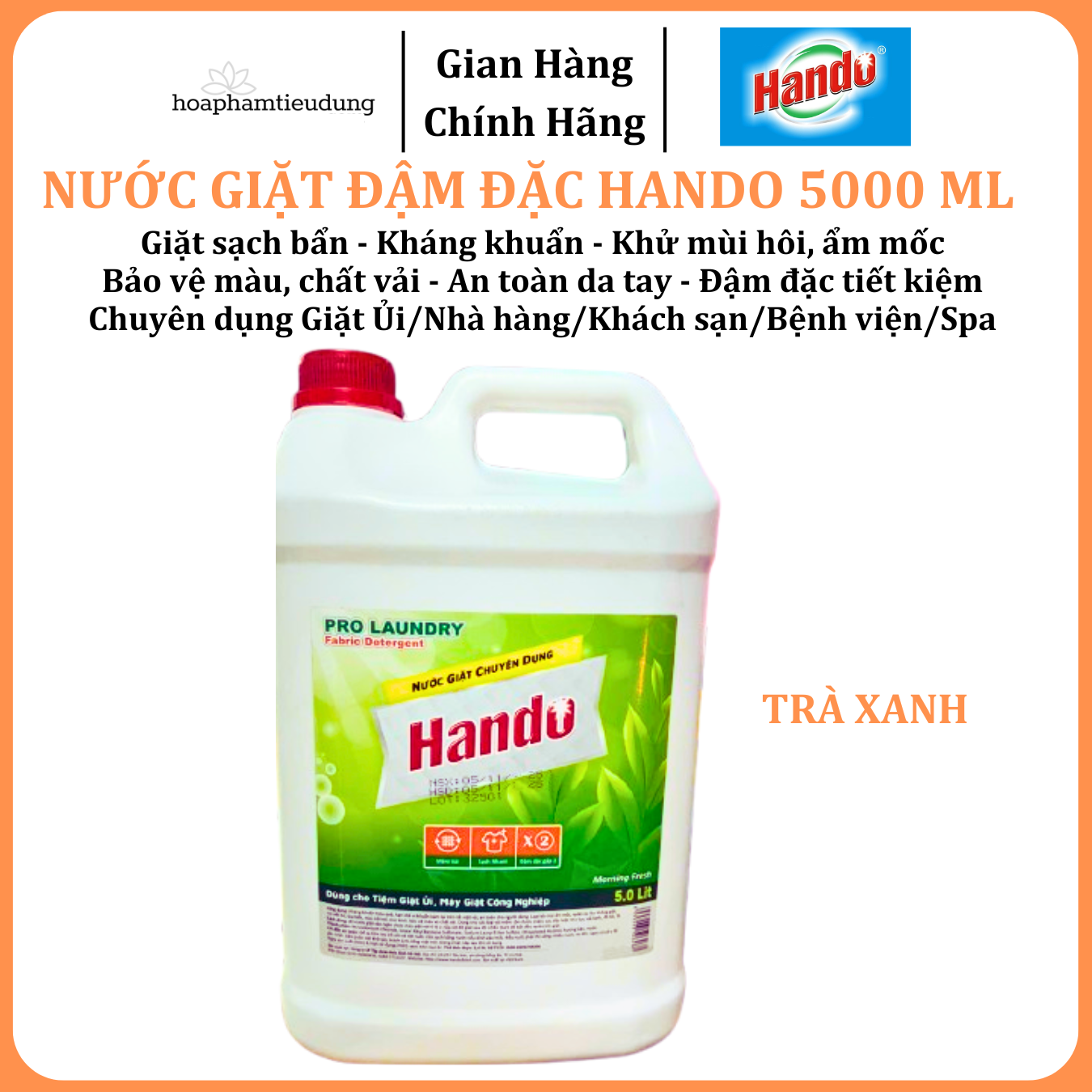  Nước giặt đậm đặc Hando 5L khử mùi hôi, ẩm mốc, chuyên dụng Giặt ủi, Quán ăn, Nhà hàng, Khách sạn, Cafe, Spa 