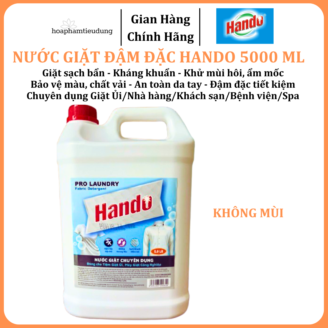  Nước giặt đậm đặc Hando 5L khử mùi hôi, ẩm mốc, chuyên dụng Giặt ủi, Quán ăn, Nhà hàng, Khách sạn, Cafe, Spa 