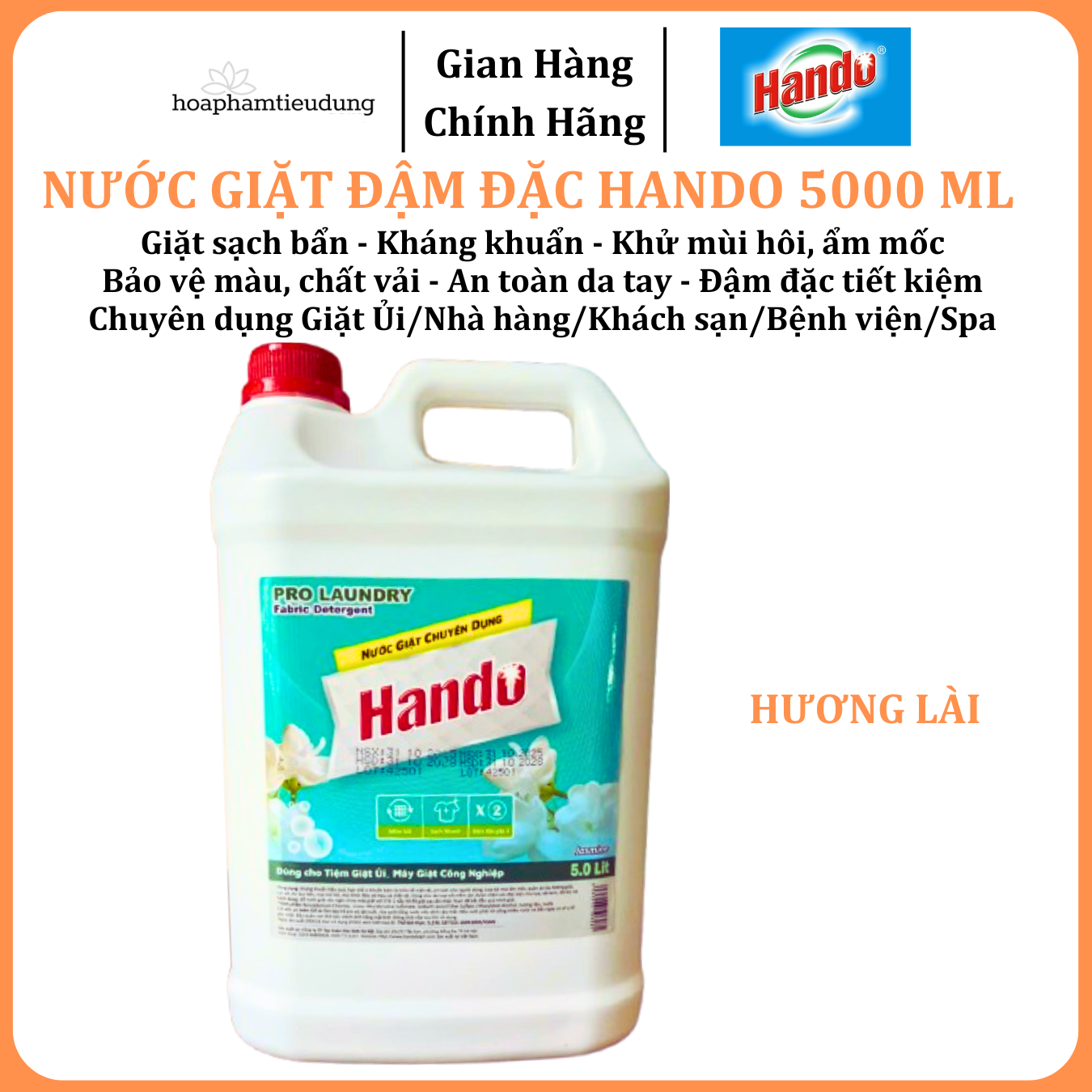  Nước giặt đậm đặc Hando 5L khử mùi hôi, ẩm mốc, chuyên dụng Giặt ủi, Quán ăn, Nhà hàng, Khách sạn, Cafe, Spa 