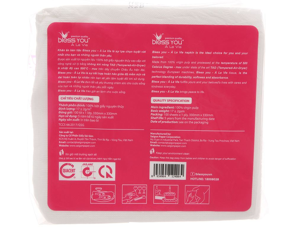  Khăn giấy ăn Bless You 1 lớp 100 tờ (33*33 cm & 23*23 cm) 