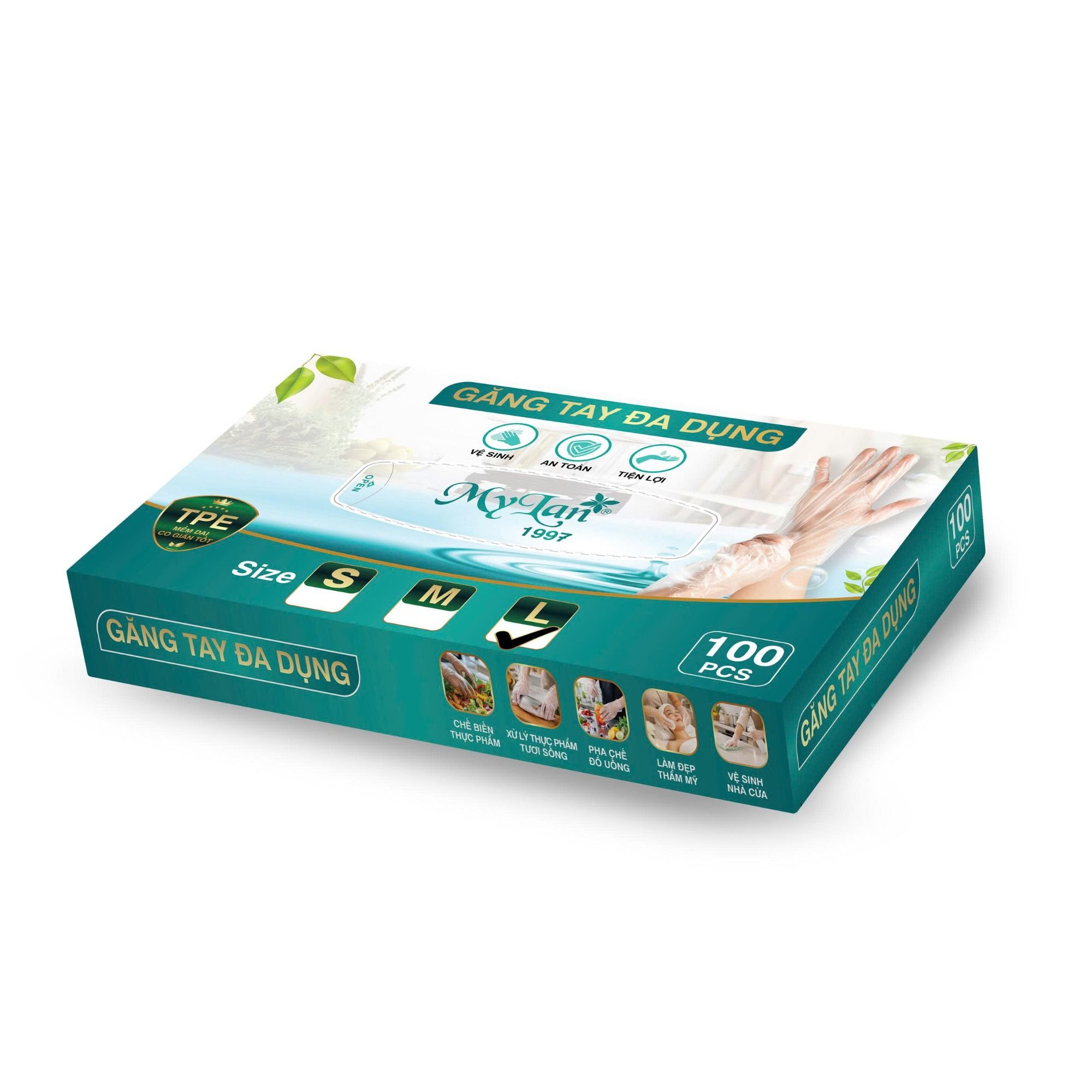  Hộp 100 Găng Tay Size L Đa Dụng TPE Mỏng Nhẹ, Dai Bền – Găng Tay Dùng 1 Lần Tiện Dụng, An Toàn 260 mm × 127 mm 