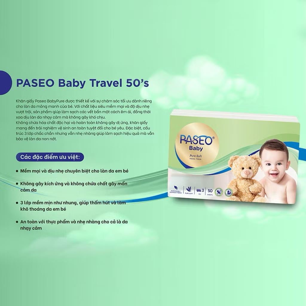 Khăn Giấy Rút Cho Bé PASEO Baby Mềm Mịn An Toàn Cho Da Nhạy Cảm (3 Lớp) 