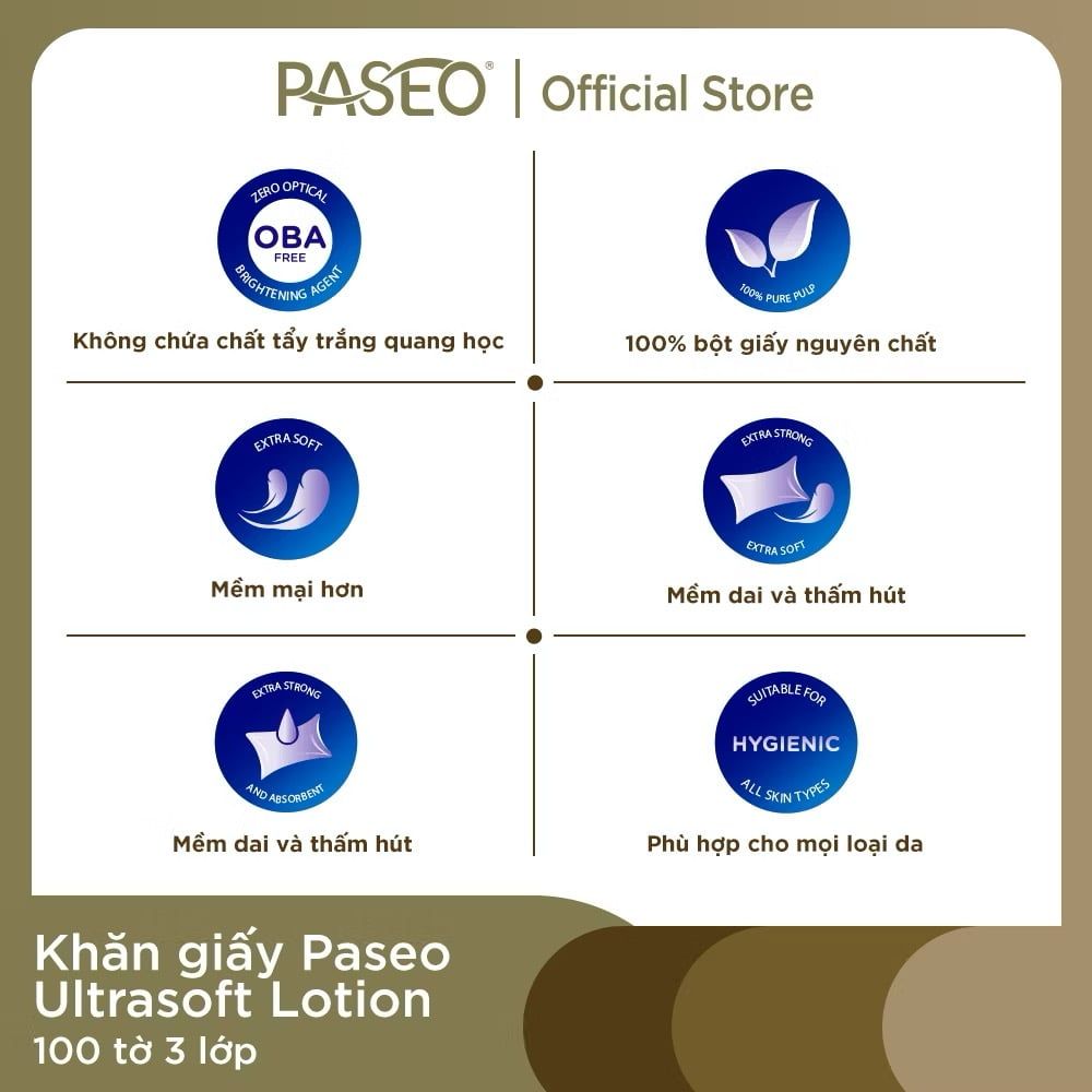  [Lốc 4 Hộp] Khăn Giấy Lau Mặt PASEO 100 Tờ/Hộp Mềm Mịn An Toàn Cho Da Nhạy Cảm - Ultrasoft Lotion (3 Lớp) 