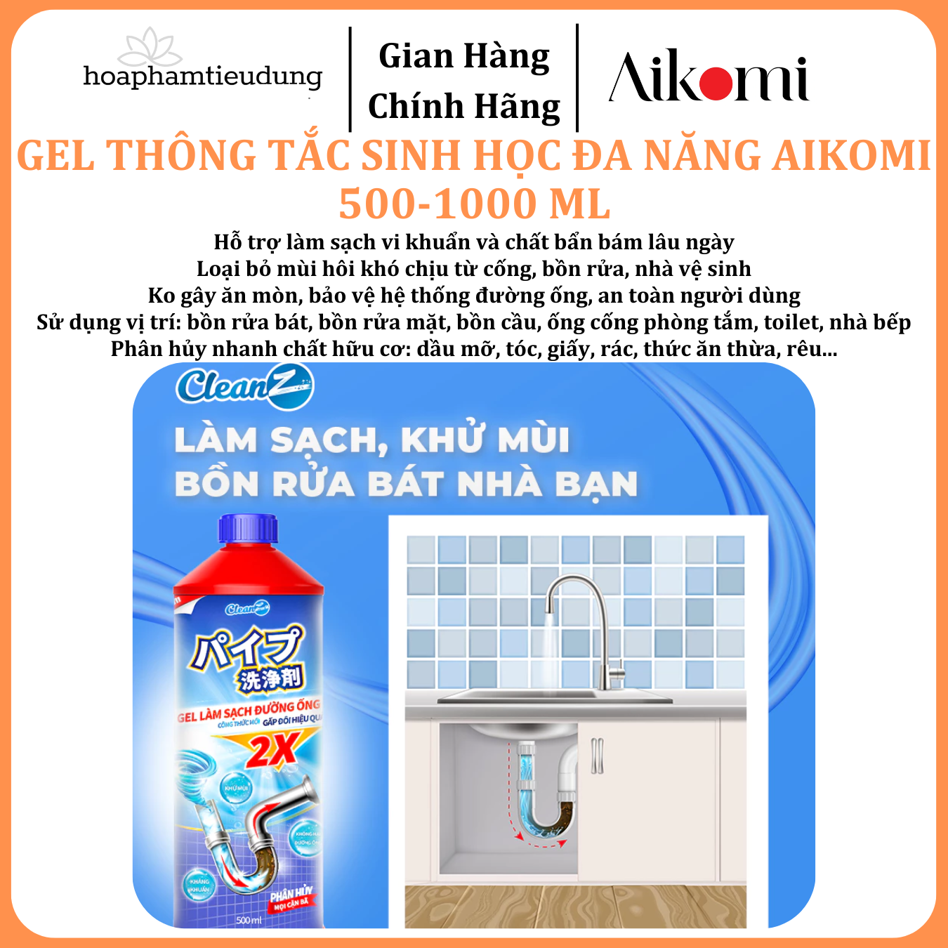  Gel sinh học CleanZ phòng tắc nghẽn, làm sạch đường ống rửa bát, rửa mặt, khử mùi hôi hiệu quả 