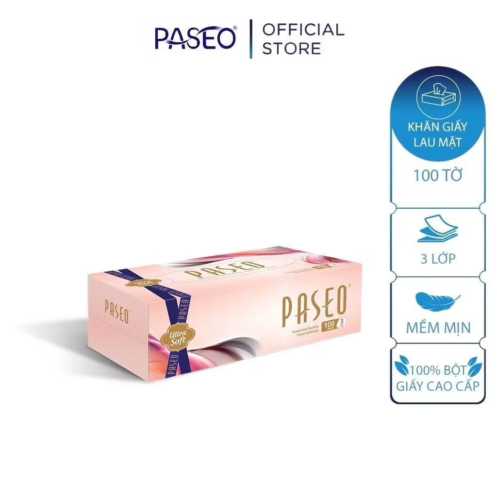  [Lốc 4 Hộp] Khăn Giấy Lau Mặt PASEO 100 Tờ/Hộp Mềm Mịn An Toàn Cho Da Nhạy Cảm - Ultrasoft Lotion (3 Lớp) 