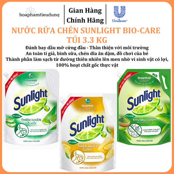  Nước rửa chén Sunlight Bio-care với thành phần từ 100% tự nhiên Túi 3.3 kg 