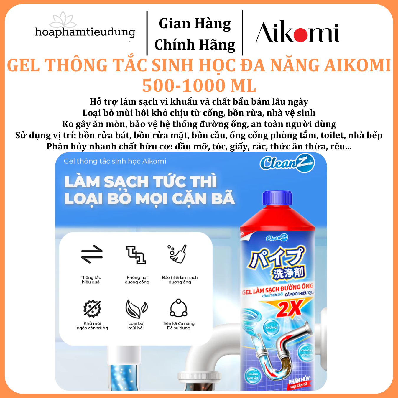  Gel sinh học CleanZ phòng tắc nghẽn, làm sạch đường ống rửa bát, rửa mặt, khử mùi hôi hiệu quả 