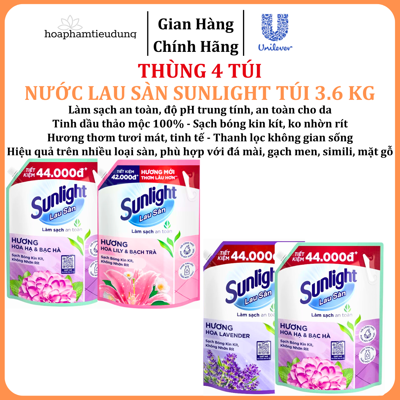  Nước Lau Sàn Sunlight Tinh Dầu Thảo Mộc Sạch Bóng Túi 3.6 Kg 