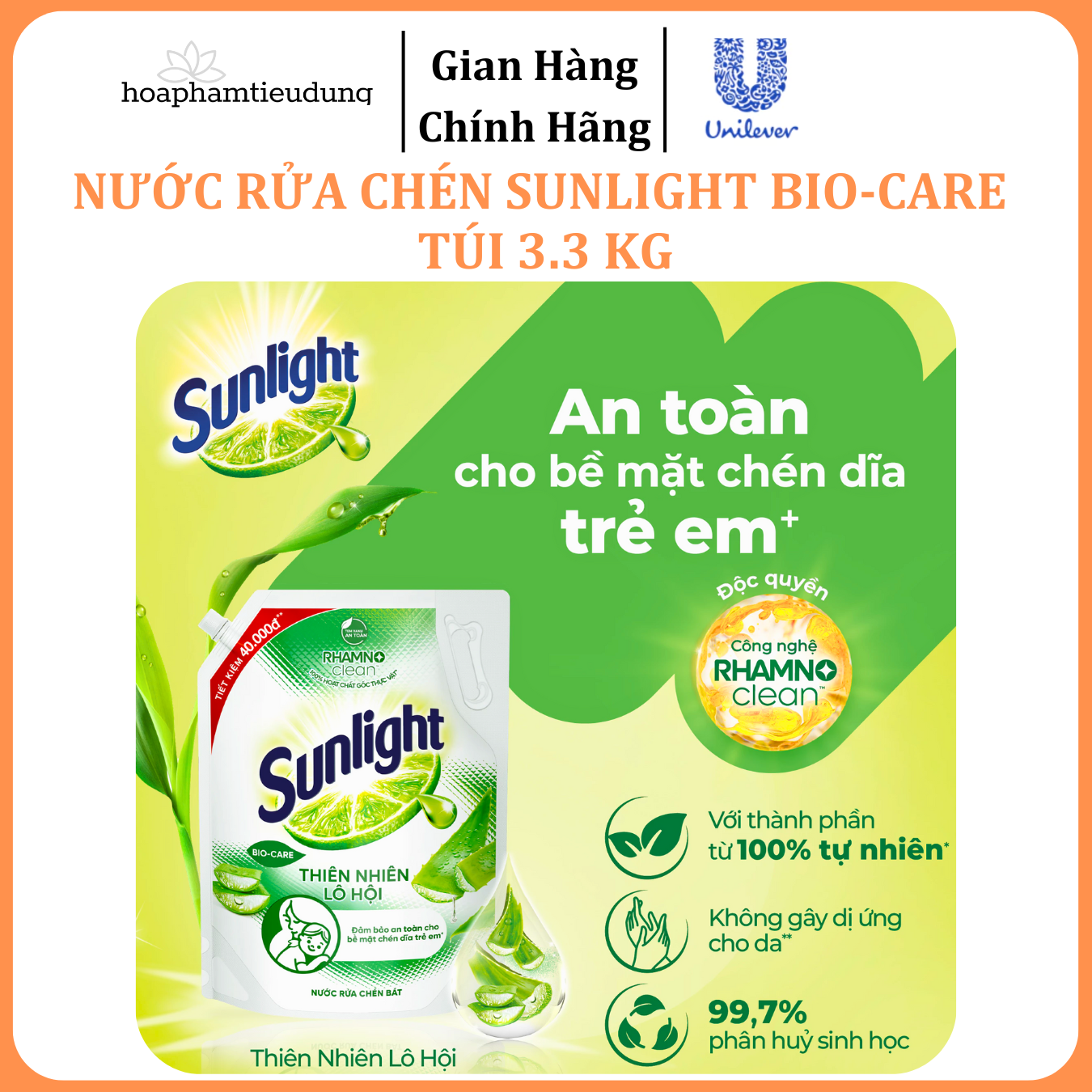  Nước rửa chén Sunlight Bio-care với thành phần từ 100% tự nhiên Túi 3.3 kg 