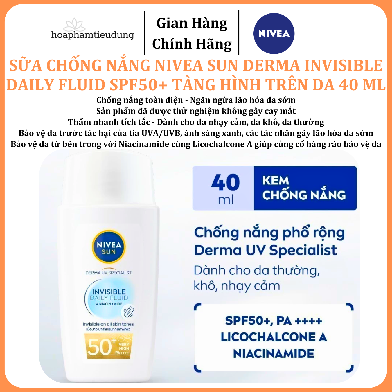  Sữa Chống Nắng NIVEA SUN Derma Invisible Daily Fluid SPF50+ Tàng Hình Trên Da 40 ml 