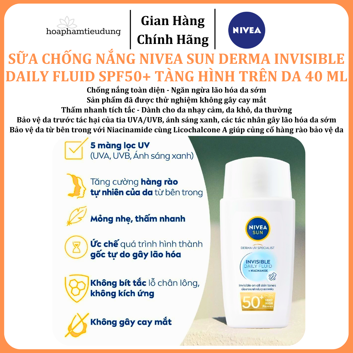  Sữa Chống Nắng NIVEA SUN Derma Invisible Daily Fluid SPF50+ Tàng Hình Trên Da 40 ml 