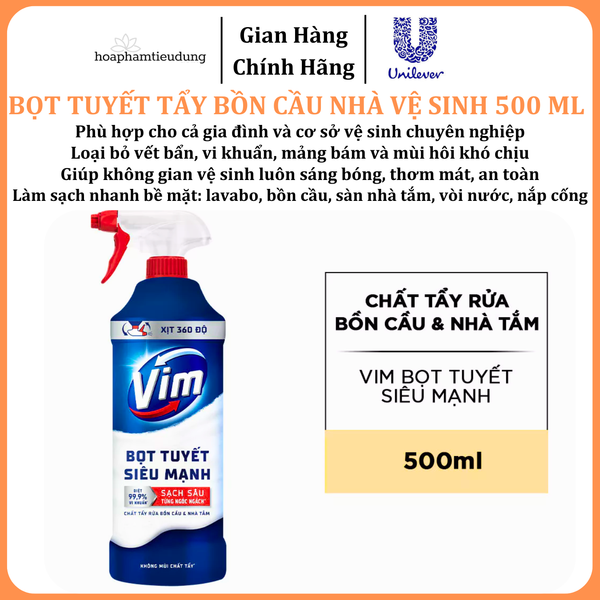  Bọt Tuyết Siêu Mạnh Tẩy Bồn Cầu và Nhà Vệ Sinh Vim, Diệt 99,9% Vi Khuẩn 500ml 