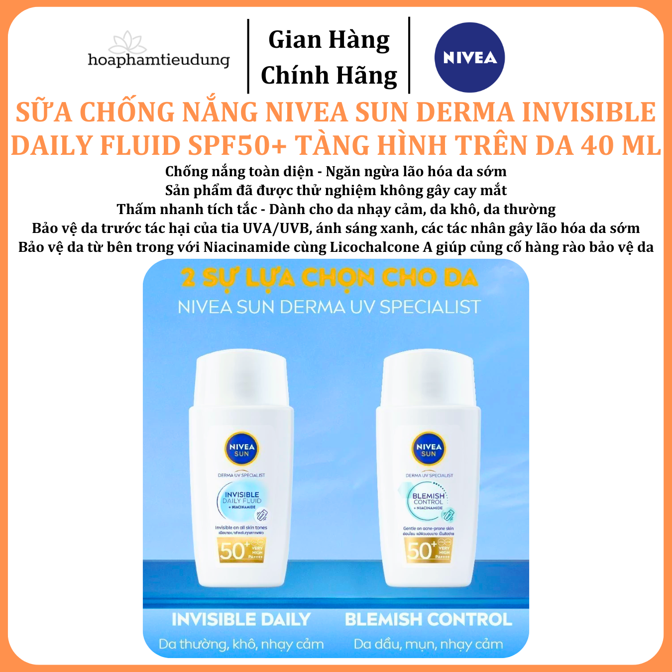  Sữa Chống Nắng NIVEA SUN Derma Invisible Daily Fluid SPF50+ Tàng Hình Trên Da 40 ml 